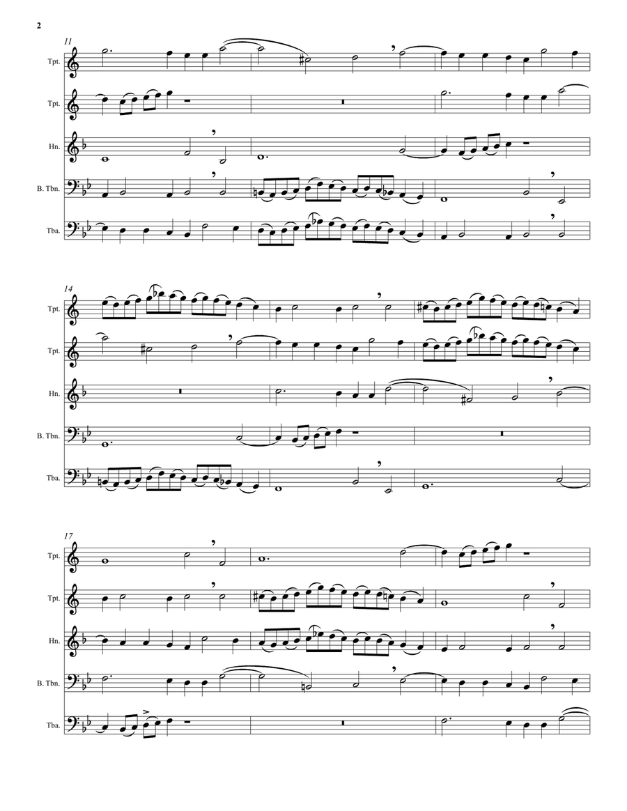 Kyrie canon by Mozart arranged for brass quintet (2 trumpets, horn, bass trombone, tuba) Brass Quintet scores gallery preview page 2
