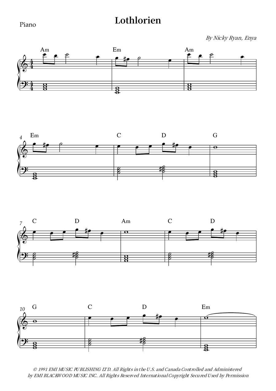 Lothlorien Lothlorien Easy Piano scores gallery preview page 1