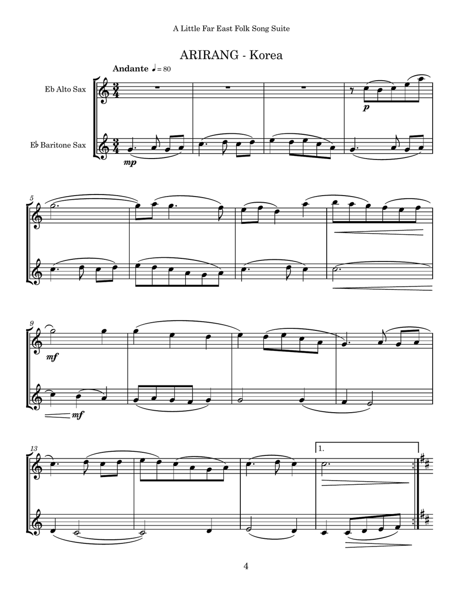 A Little Far East Folk Song Suite for Alto & Baritone Saxophones Baritone Saxophone scores gallery preview page 4