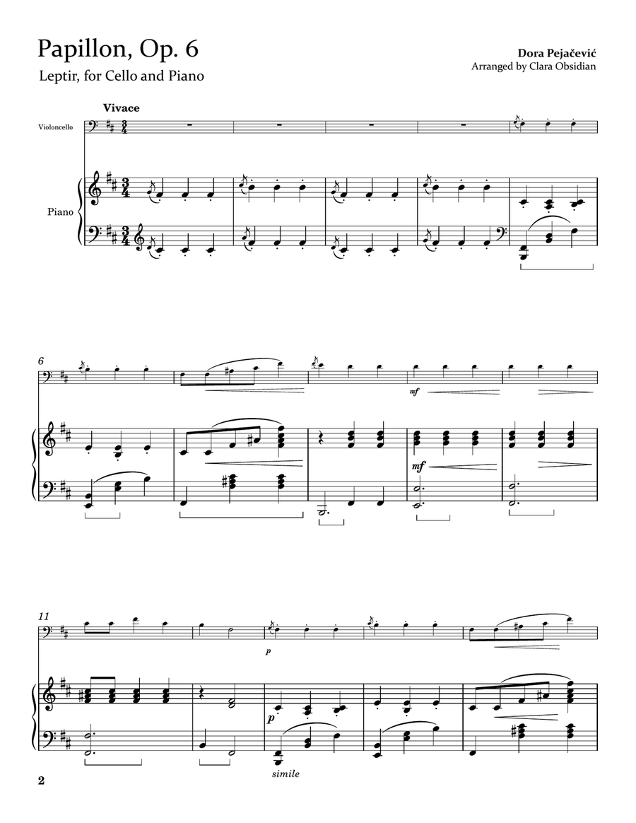 D. Pejačević: Papillon (Leptir), Op.6 for Cello and Piano Chamber Music scores gallery preview page 2