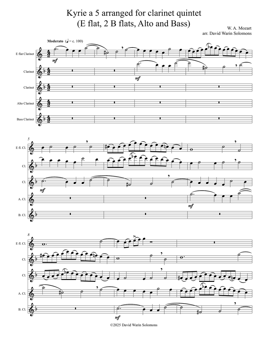 Kyrie canon by Mozart arranged for clarinet quintet (E flat, 2 B flats, alto and bass) Clarinet Quintet scores gallery preview page 1