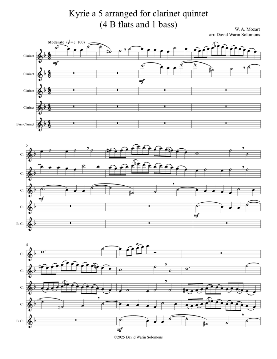 Kyrie canon by Mozart arranged for clarinet quintet (4 B flats and 1 bass) Clarinet Quintet scores gallery preview page 1