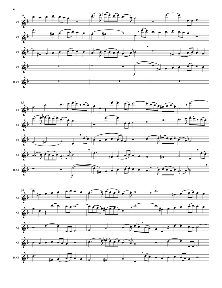 Kyrie canon by Mozart arranged for clarinet quintet (4 B flats and 1 bass) Clarinet Quintet scores gallery preview page 4
