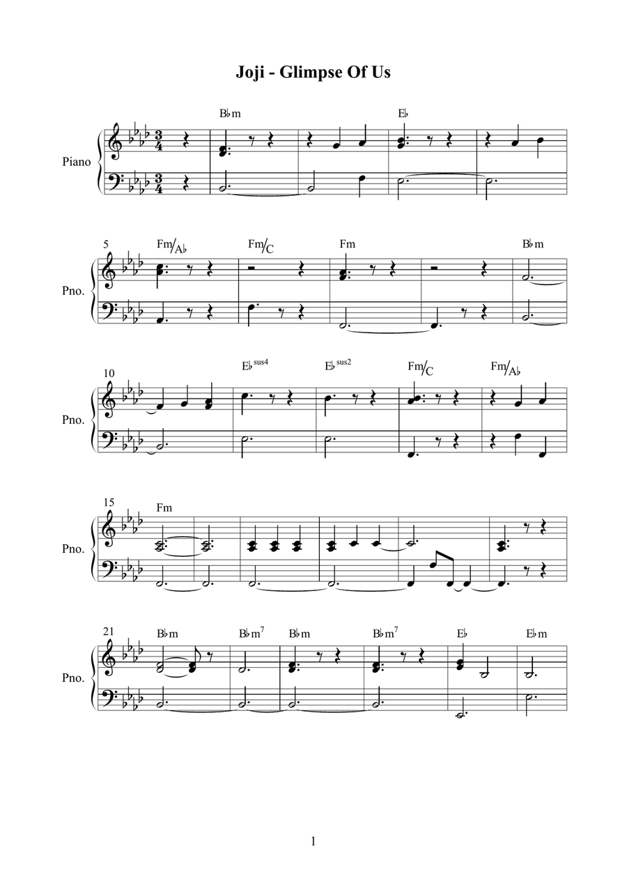 Glimpse Of Us Glimpse Of Us Piano Solo scores gallery preview page 1
