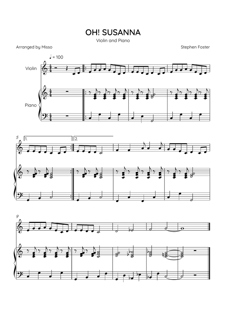 OH! SUSANNA - Violin and Piano in C Major - Easy Level Violin Solo scores gallery preview page 1