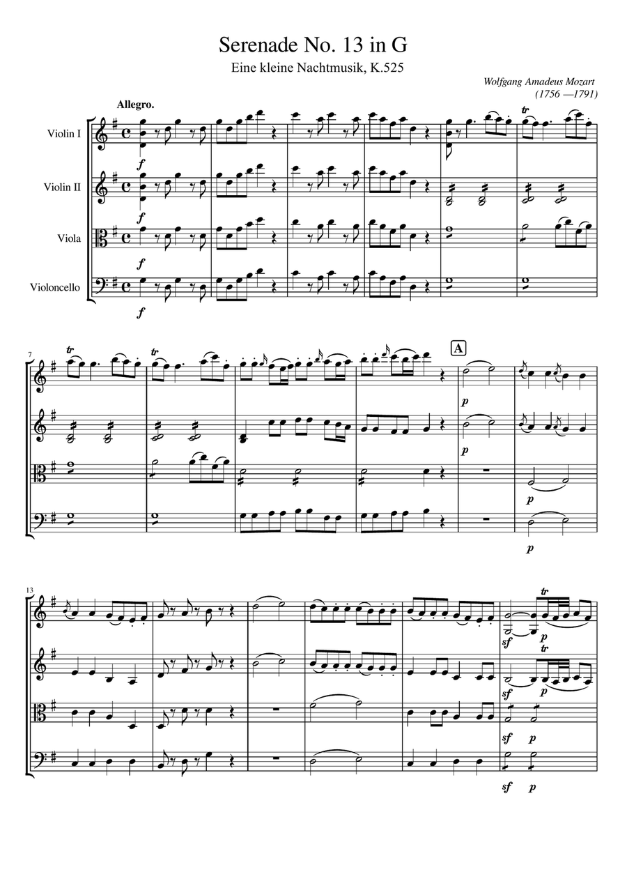 Mozart - Serenade No.13 in G,Eine Kleine Nachtmusik,K.525,Complete Original String Quartet scores gallery preview page 1