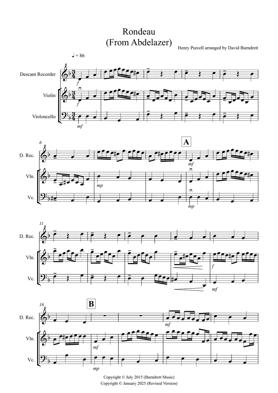 Rondeau (from Abdelazer) for Descant Recorder, Violin and Cello Trio Small Ensemble scores gallery preview page 1