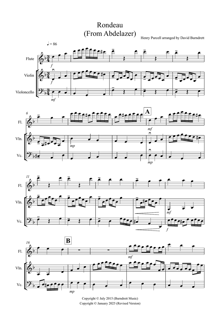 Rondeau (from Abdelazer) for Flute, Violin and Cello Trio Small Ensemble scores gallery preview page 1
