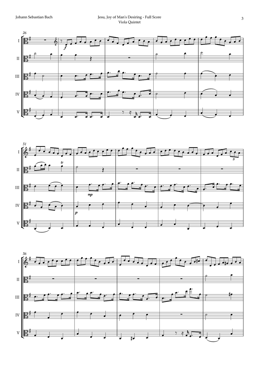Jesu, Joy of Man's Desiring by Bach for Viola Quintet String Quintet scores gallery preview page 3