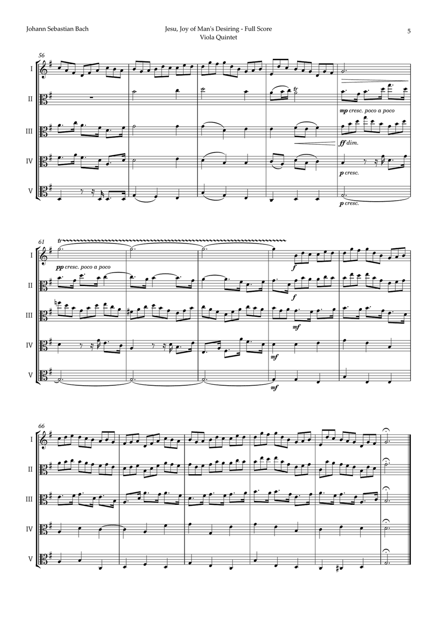 Jesu, Joy of Man's Desiring by Bach for Viola Quintet String Quintet scores gallery preview page 5