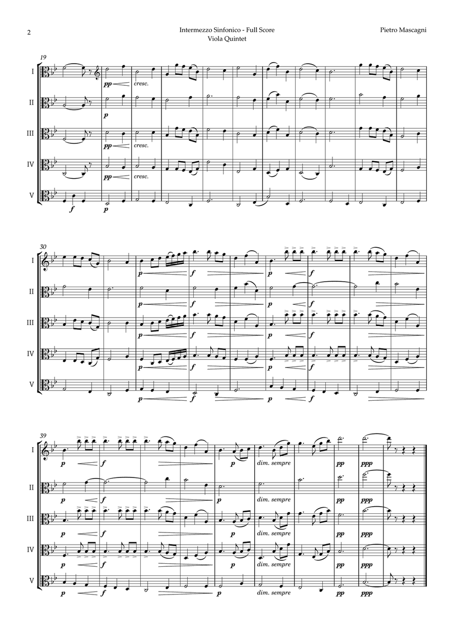 Intermezzo Sinfonico by Pietro Mascagni for Viola Quintet String Quintet scores gallery preview page 2