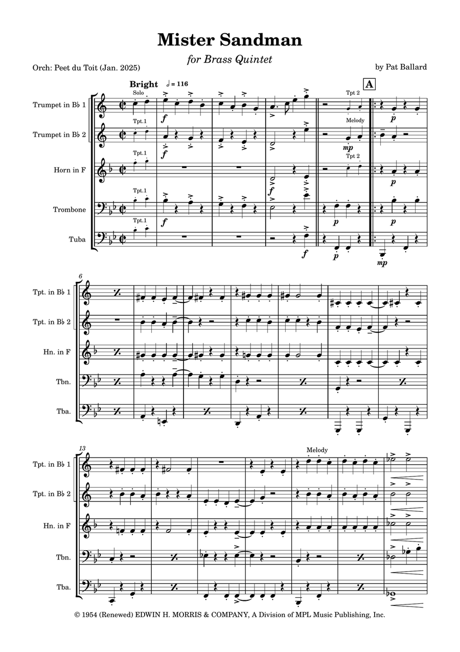 Mister Sandman Brass Quintet scores gallery preview page 1