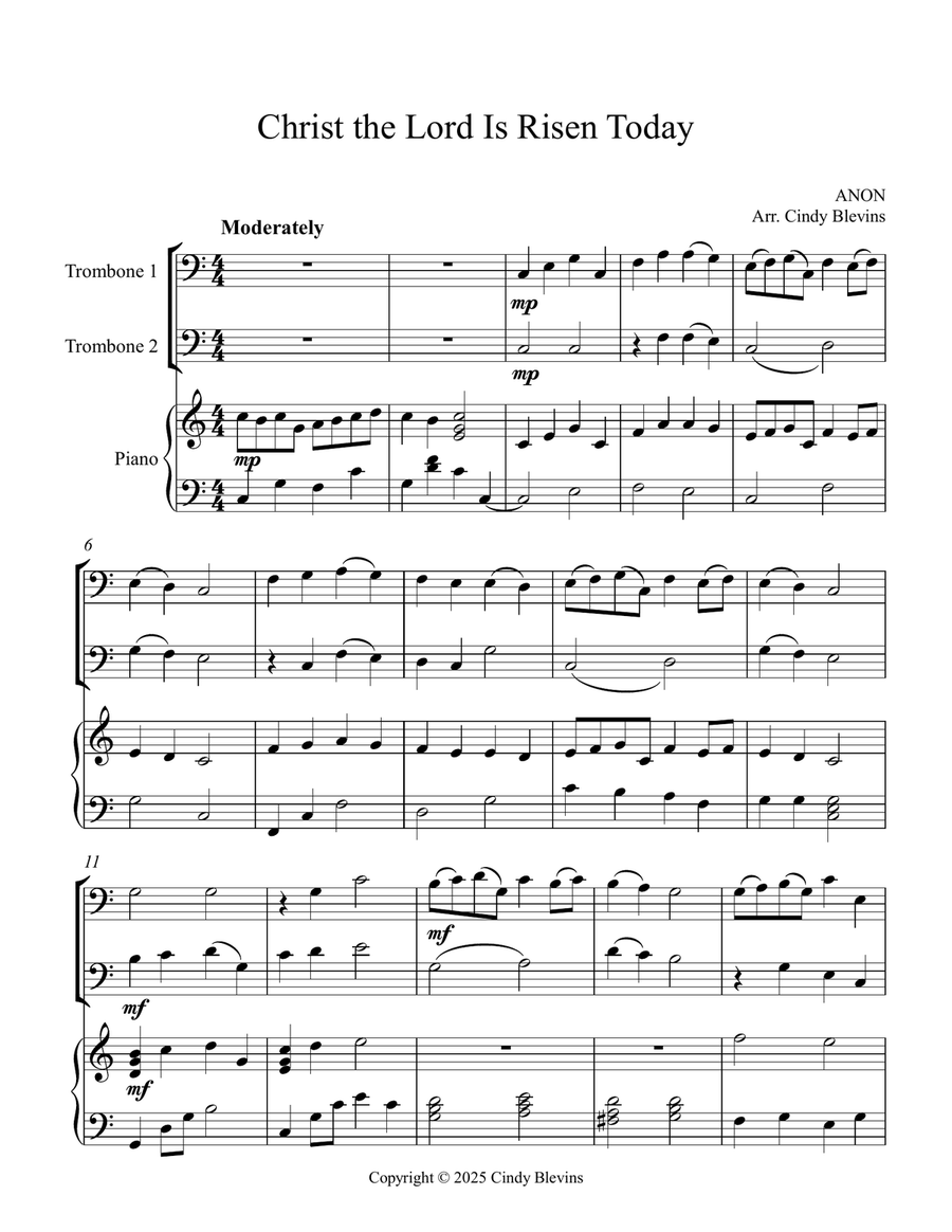 Christ the Lord Is Risen Today, for Two Trombones and Piano Trombone Duet scores gallery preview page 2