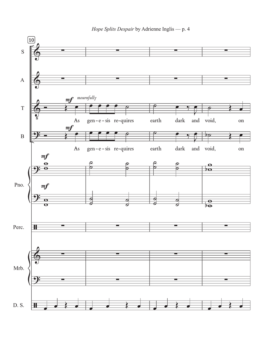 Hope Splits Despair for SATB mixed chorus with alto solo, piano, percussion 4-Part scores gallery preview page 4