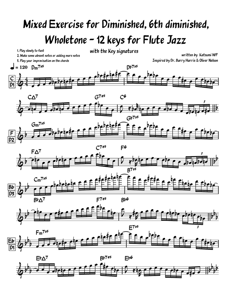 Mixed Exercise for Diminished, 6th diminished, Wholetone 12 keys Flute scores gallery preview page 1