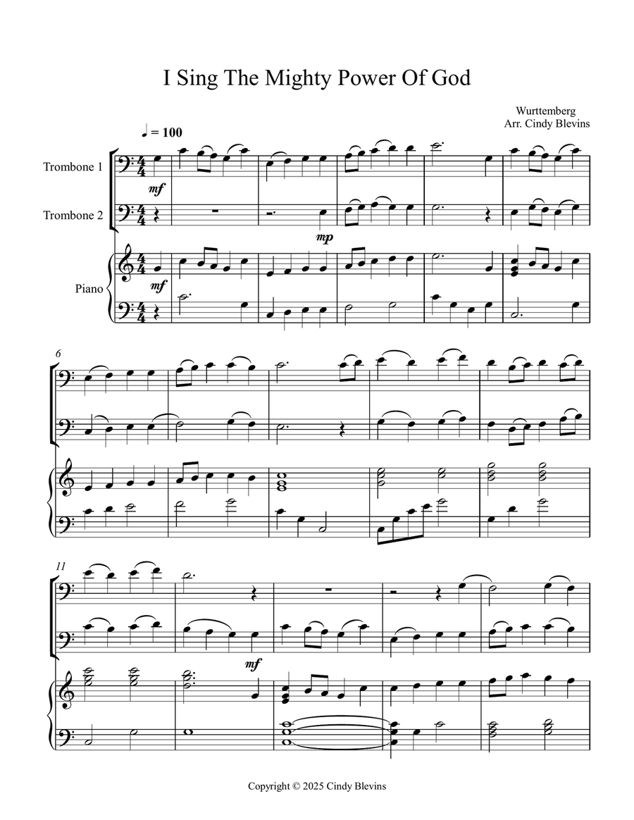 I Sing the Mighty Power of God, for Two Trombones and Piano Trombone Duet scores gallery preview page 2