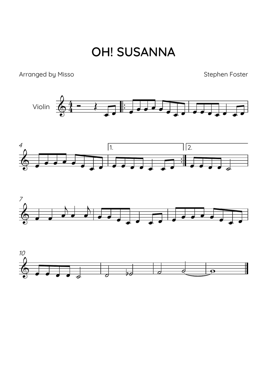 OH! SUSANNA - Violin Solo in C Major - Easy Level Violin Solo scores gallery preview page 1