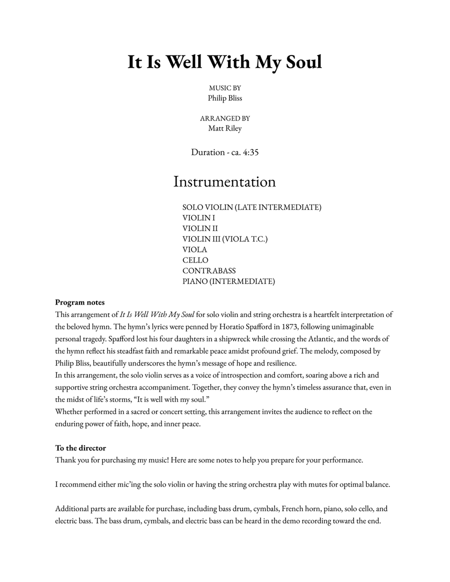 It Is Well With My Soul - Late Intermediate Violin, Piano, & String Orchestra Chamber Music scores gallery preview page 2