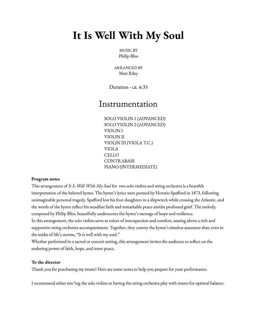 It Is Well With My Soul - Two Advanced Violins, Piano, & String Orchestra Chamber Music scores gallery preview page 2