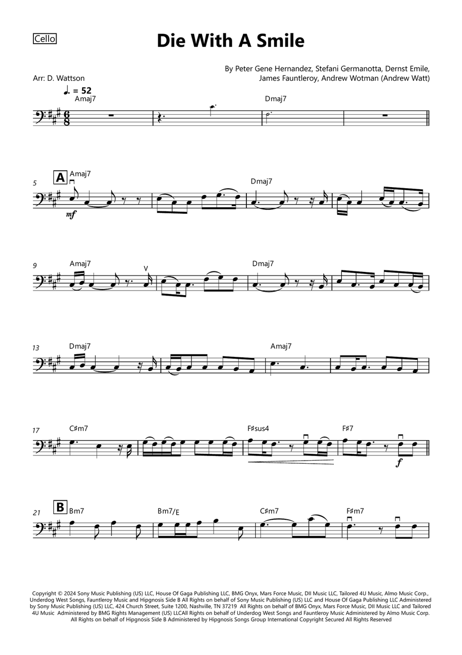 Die With A Smile Die With A Smile Cello Solo scores gallery preview page 1