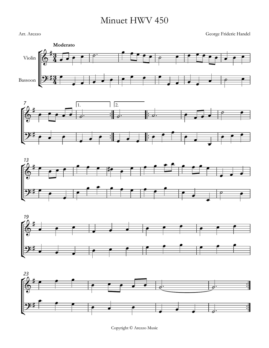 handel minuet hwv 450 Violin and Bassoon Sheet Music Chamber Music scores gallery preview page 1