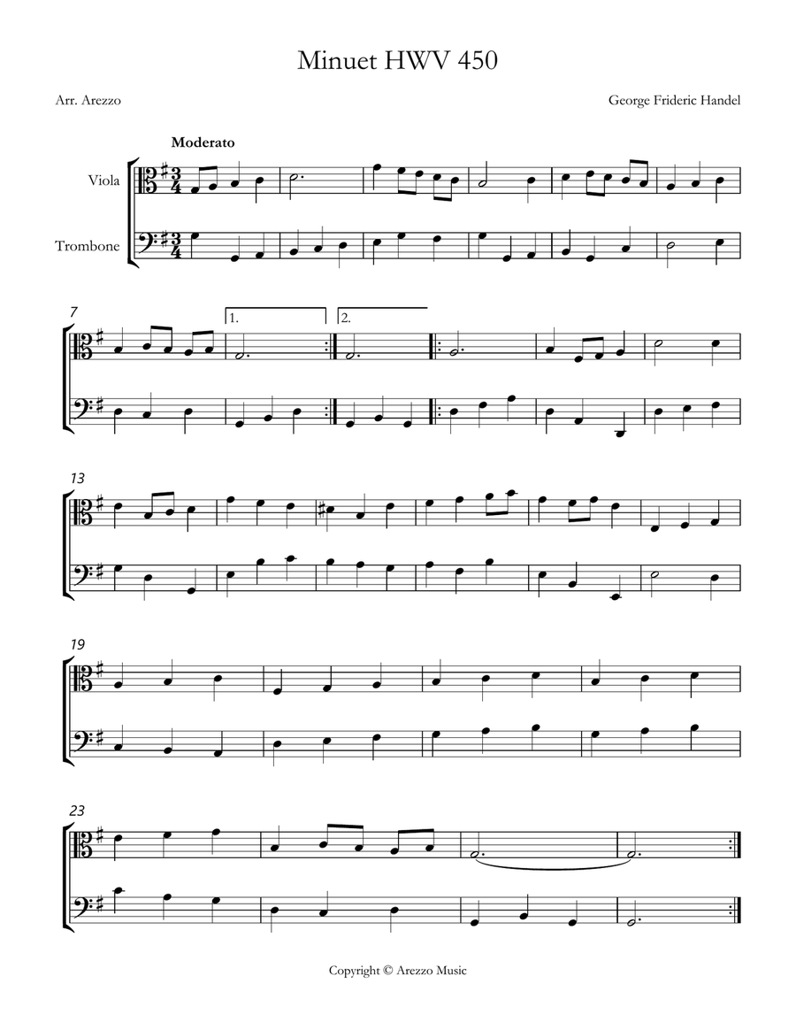 handel minuet hwv 450 Viola and Trombone Sheet Music Chamber Music scores gallery preview page 1