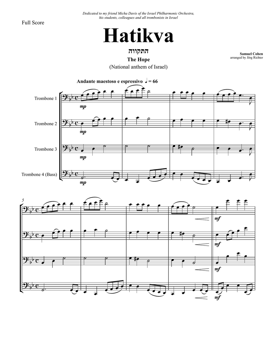 Hatikvah - the National Anthem of Israel for Trombone Quartet Brass Quartet scores gallery preview page 1