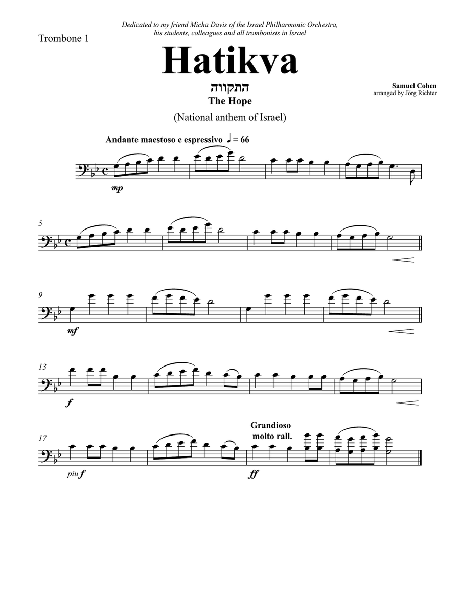 Hatikvah - the National Anthem of Israel for Trombone Quartet Brass Quartet scores gallery preview page 3