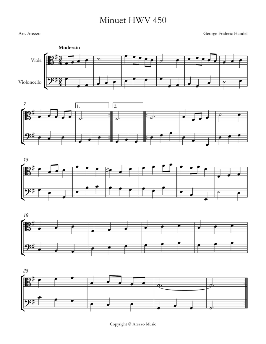 handel minuet hwv 450 Viola and Cello Sheet Music String Duet scores gallery preview page 1