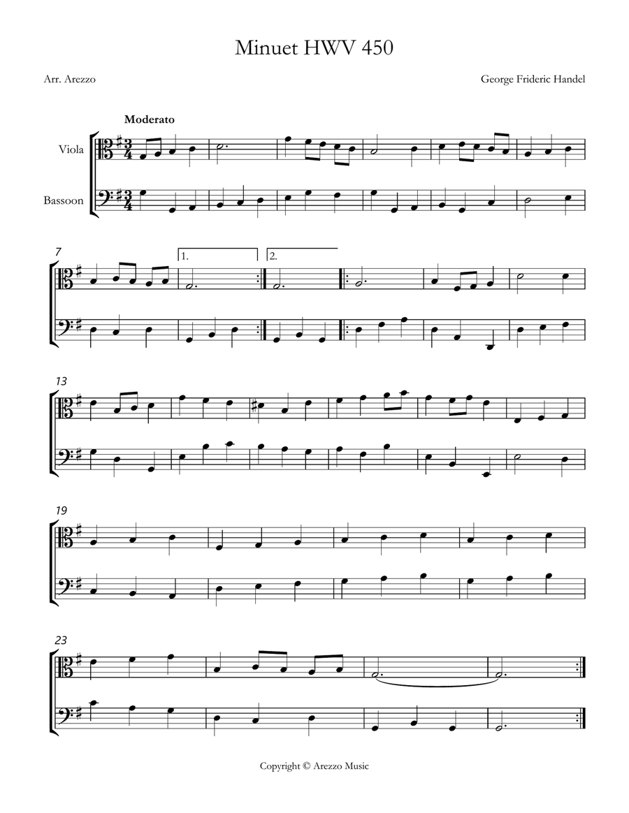 handel minuet hwv 450 Viola and Bassoon Sheet Music Chamber Music scores gallery preview page 1