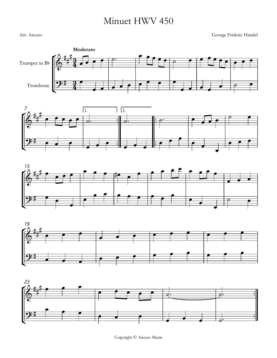 handel minuet hwv 450 Trumpet and Trombone Sheet Music Brass Duet scores gallery preview page 1