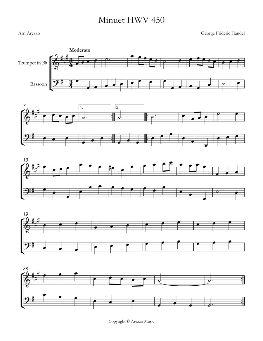 handel minuet hwv 450 Trumpet and Bassoon Sheet Music Chamber Music scores gallery preview page 1