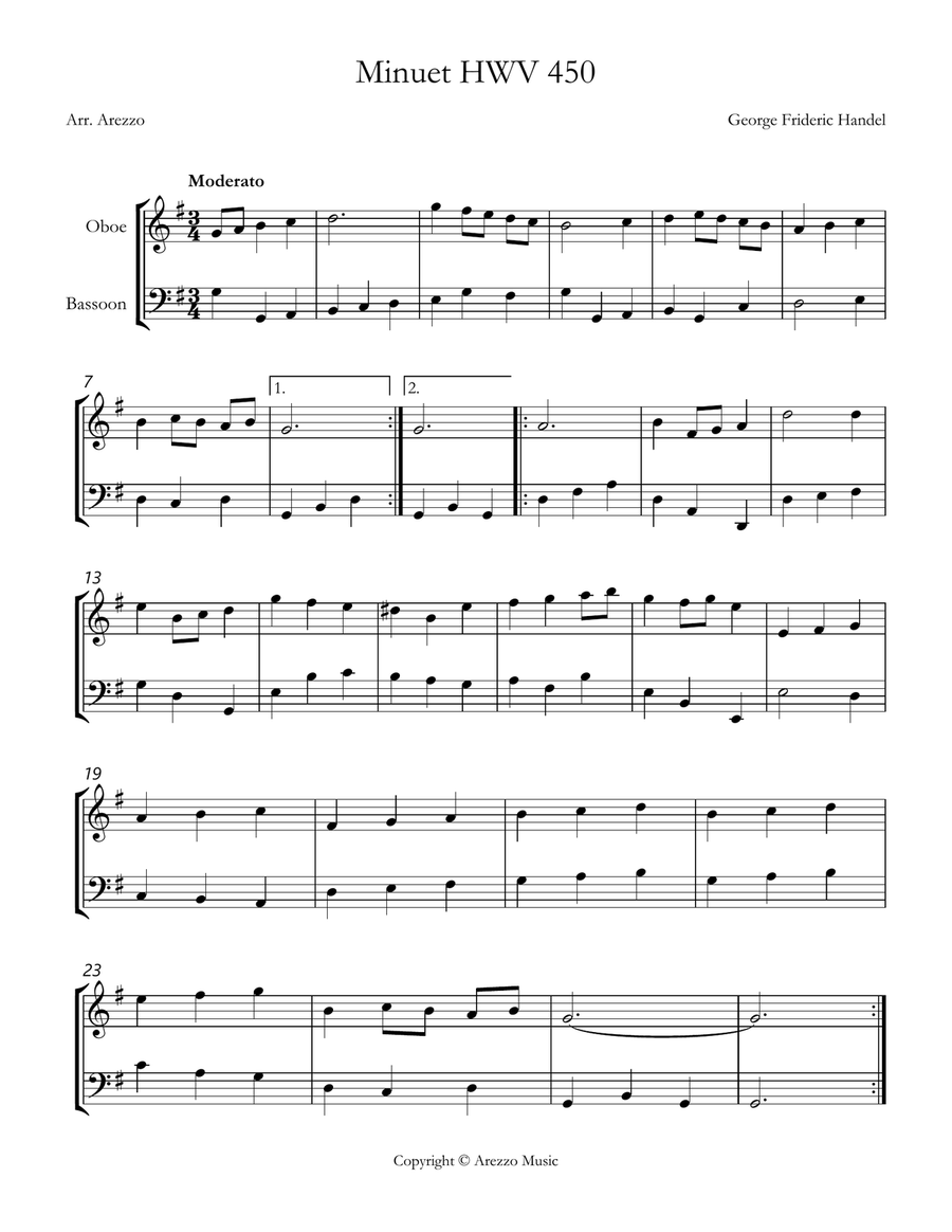 handel minuet hwv 450 Oboe and bassoon Sheet Music Woodwind Duet scores gallery preview page 1