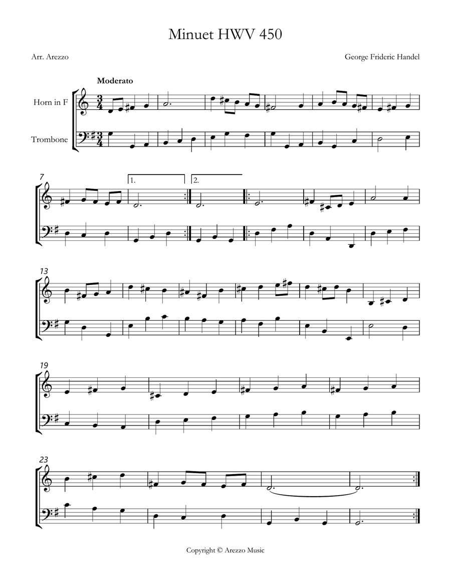 handel minuet hwv 450 French Horn and Trombone Sheet Music Brass Duet scores gallery preview page 1