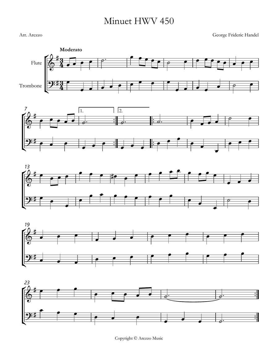 handel minuet hwv 450 Flute and Trombone Sheet Music Chamber Music scores gallery preview page 1