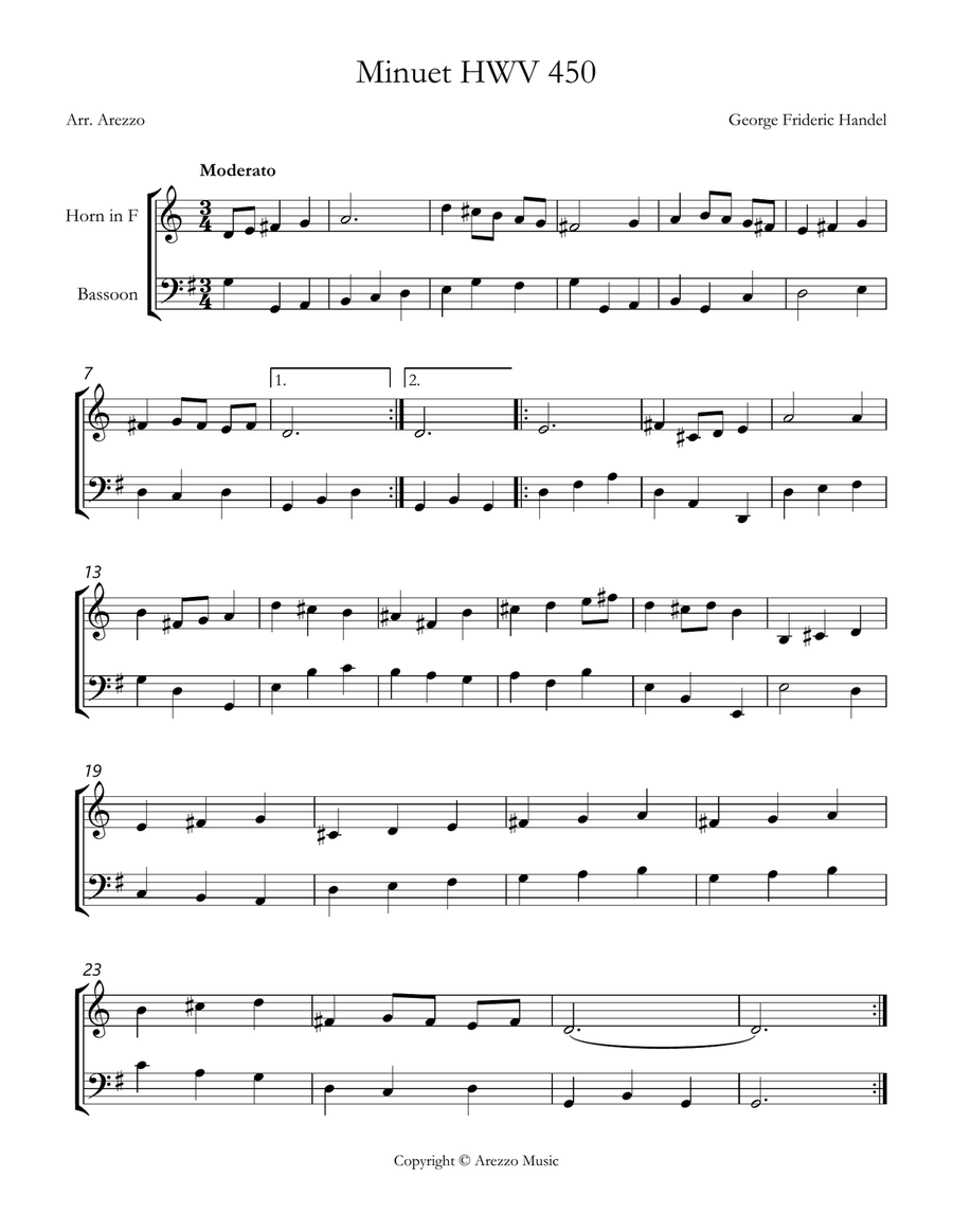 handel minuet hwv 450 French Horn and Bassoon Sheet Music Woodwind Duet scores gallery preview page 1