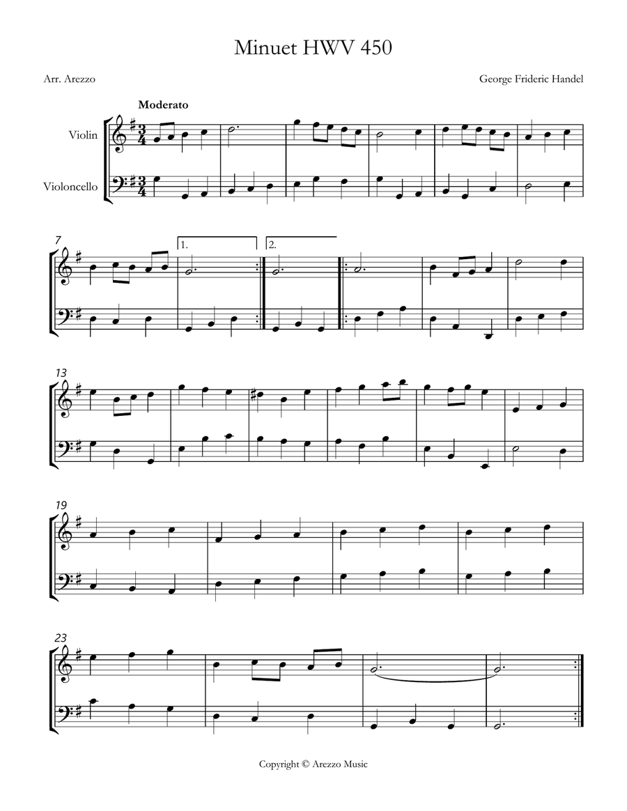 handel minuet hwv 450 Flute and Cello Sheet Music Chamber Music scores gallery preview page 1