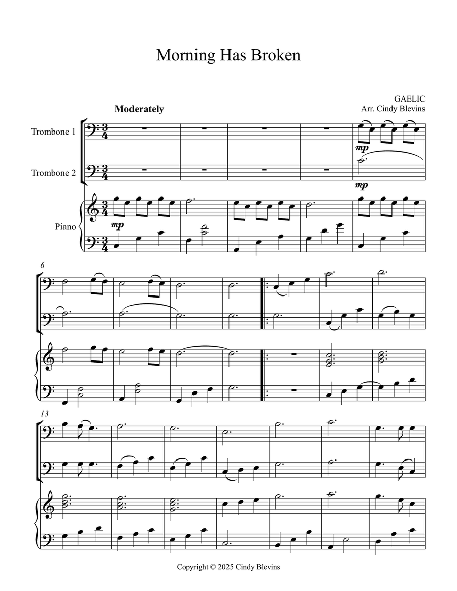Morning Has Broken, for Two Trombones and Piano Trombone Duet scores gallery preview page 2