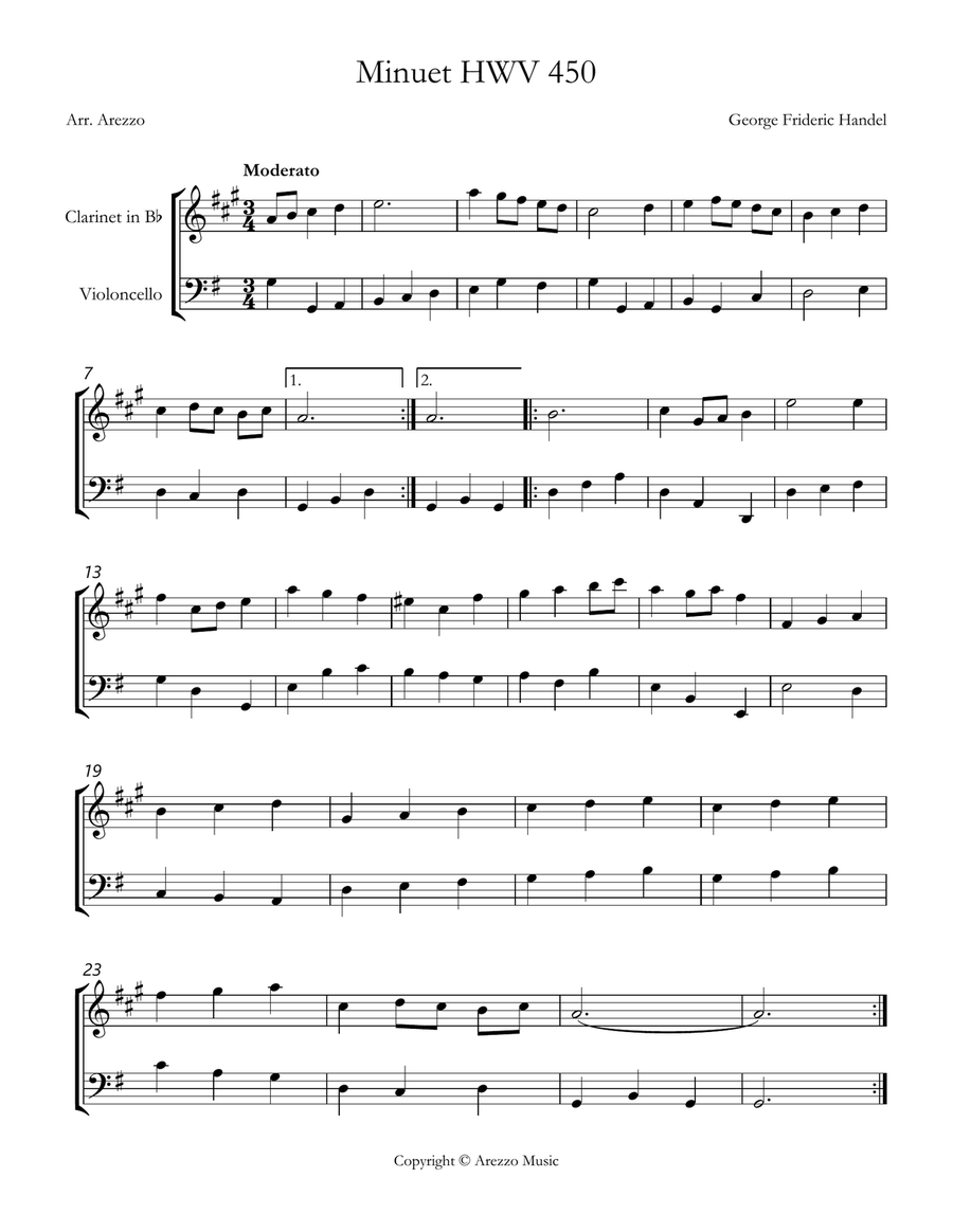 handel minuet hwv 450 Clarinet and Cello Sheet Music Chamber Music scores gallery preview page 1