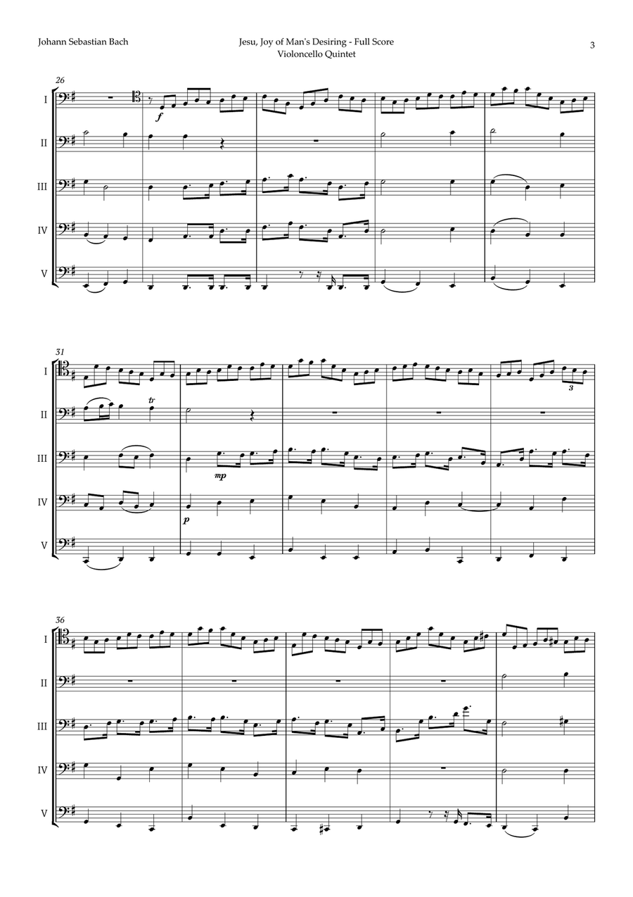 Jesu, Joy of Man's Desiring by Bach for Violoncello Quintet String Quintet scores gallery preview page 3