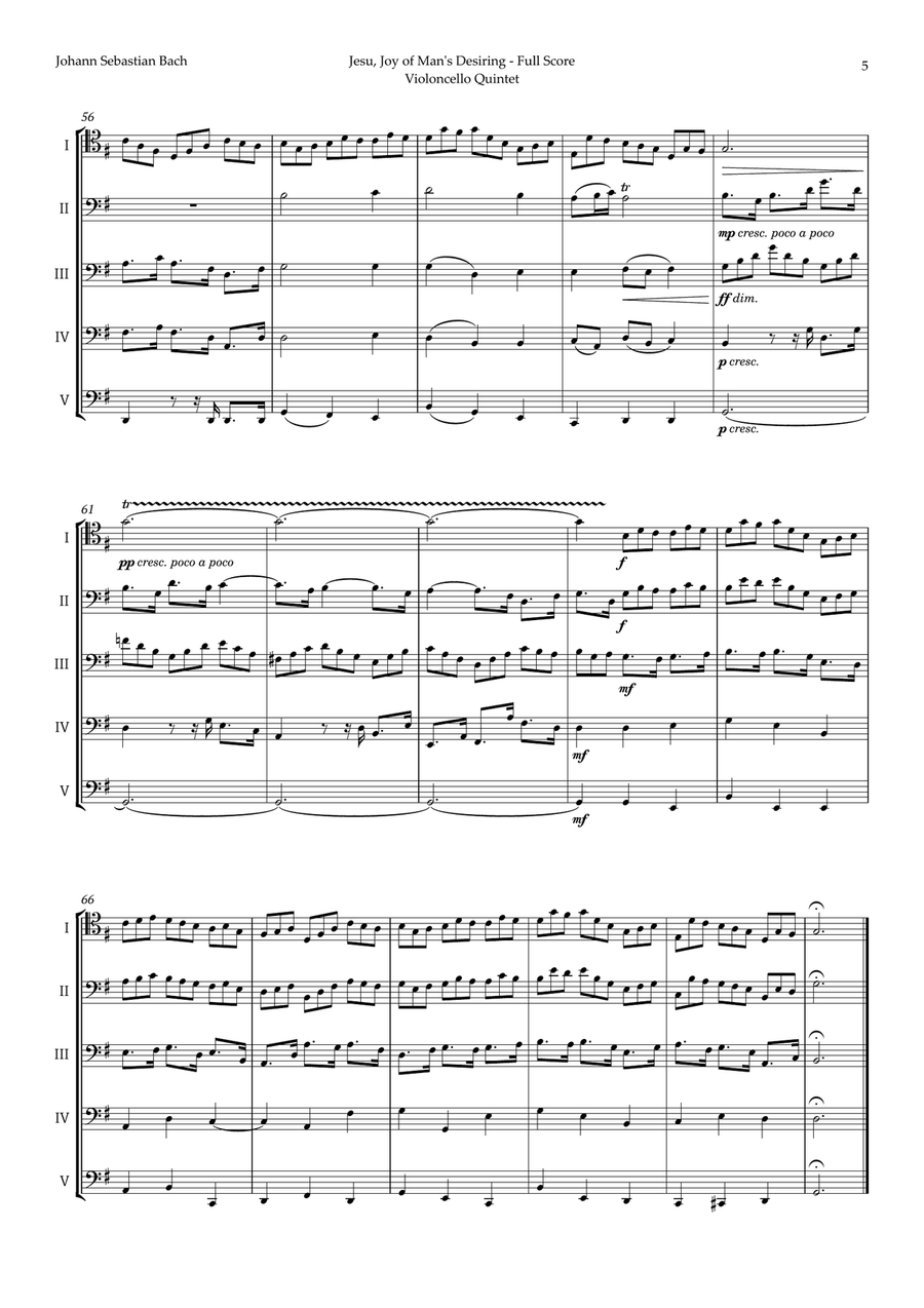 Jesu, Joy of Man's Desiring by Bach for Violoncello Quintet String Quintet scores gallery preview page 5