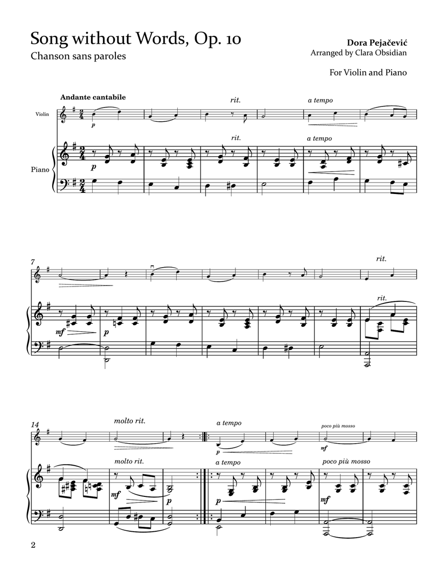 D. Pejačević: Song Without Words (Chanson sans parole), Op.10 for Violin and Piano Chamber Music scores gallery preview page 2