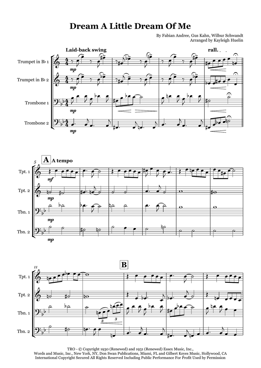 Dream A Little Dream Of Me Brass Quartet scores gallery preview page 1
