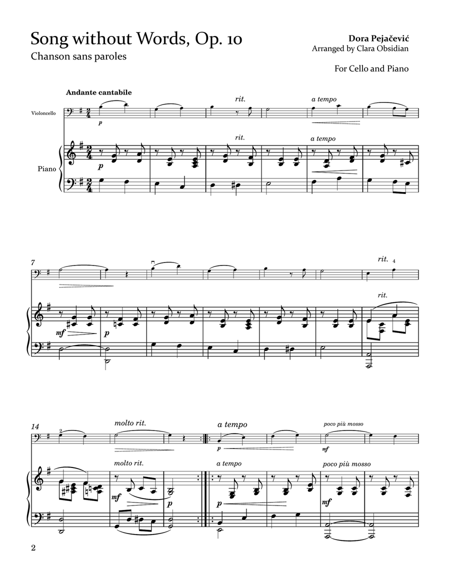 D. Pejačević: Song Without Words (Chanson sans parole), Op.10 for Cello and Piano Chamber Music scores gallery preview page 2