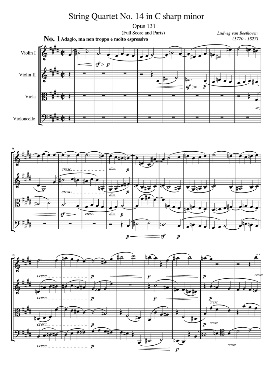 Beethoven - String Quartet No.14, Op.131, Complete Original Score and Parts String Quartet scores gallery preview page 1