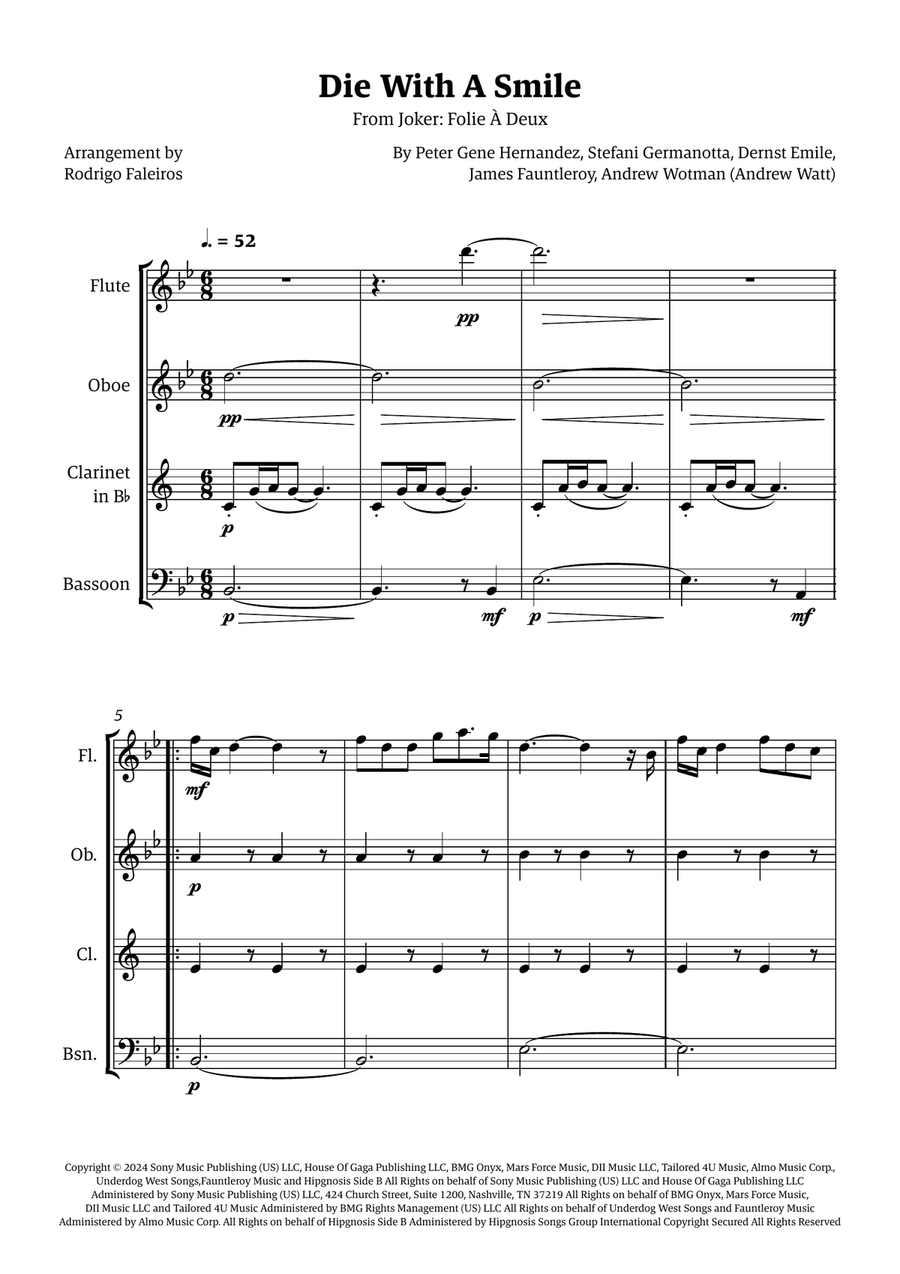 Die With A Smile Die With A Smile Woodwind Quartet scores gallery preview page 1