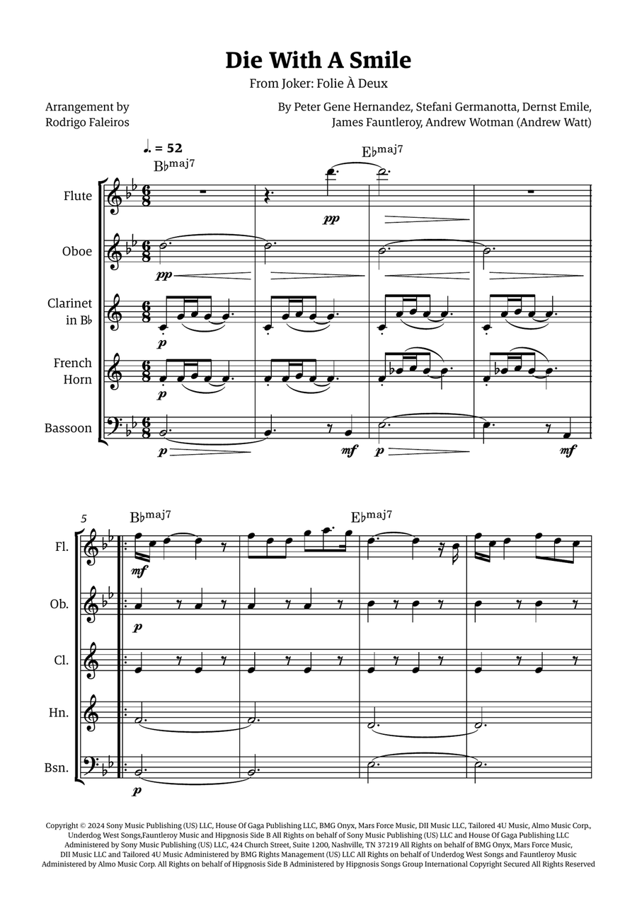 Die With A Smile Die With A Smile Woodwind Quintet scores gallery preview page 1