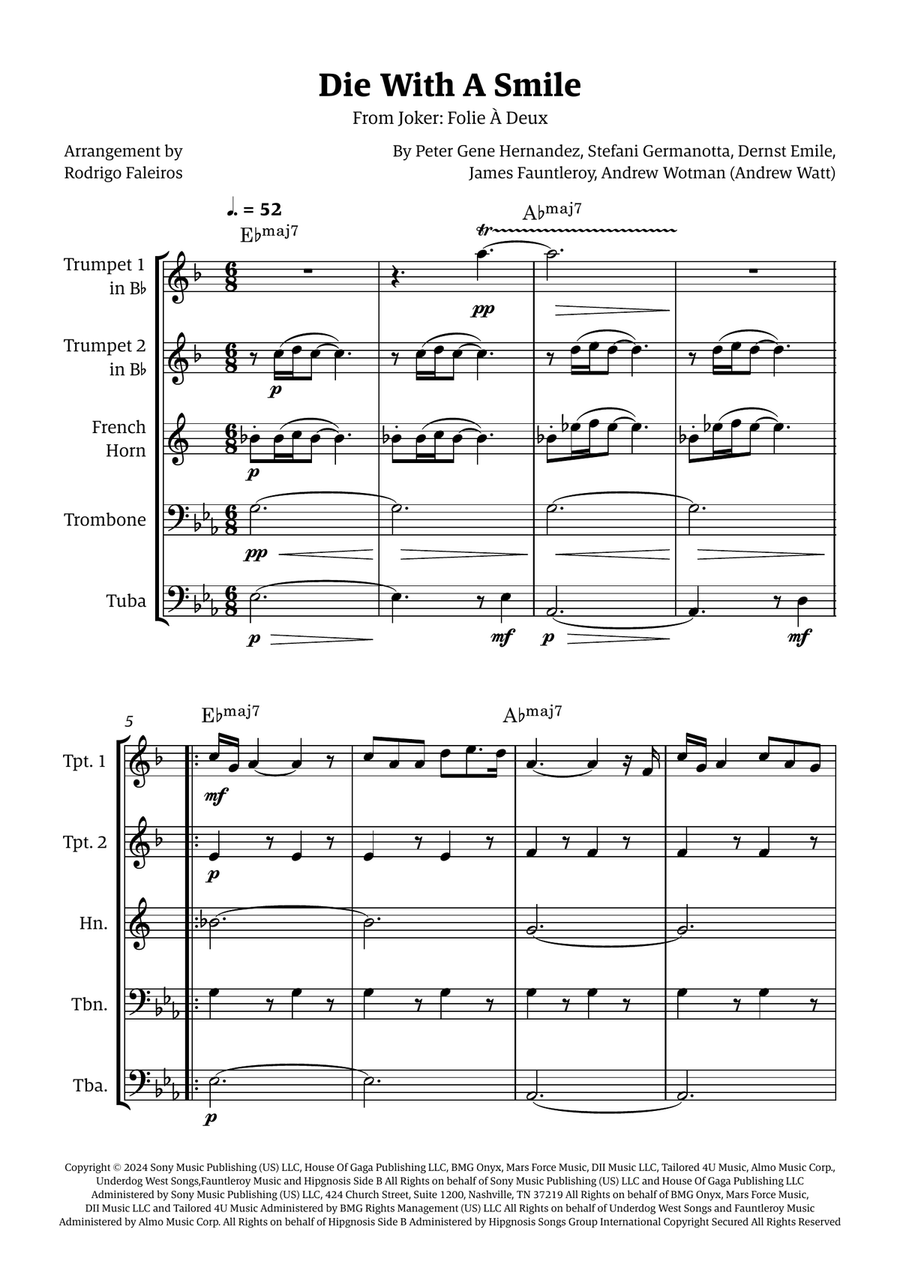 Die With A Smile Die With A Smile Brass Quintet scores gallery preview page 1