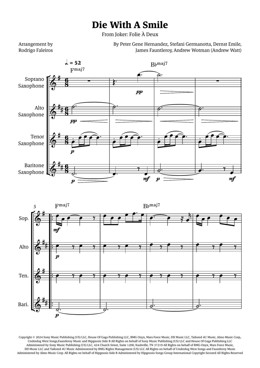 Die With A Smile Die With A Smile Saxophone Quartet scores gallery preview page 1