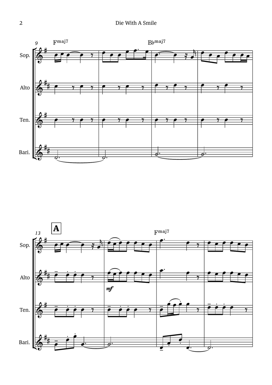 Die With A Smile Die With A Smile Saxophone Quartet scores gallery preview page 2